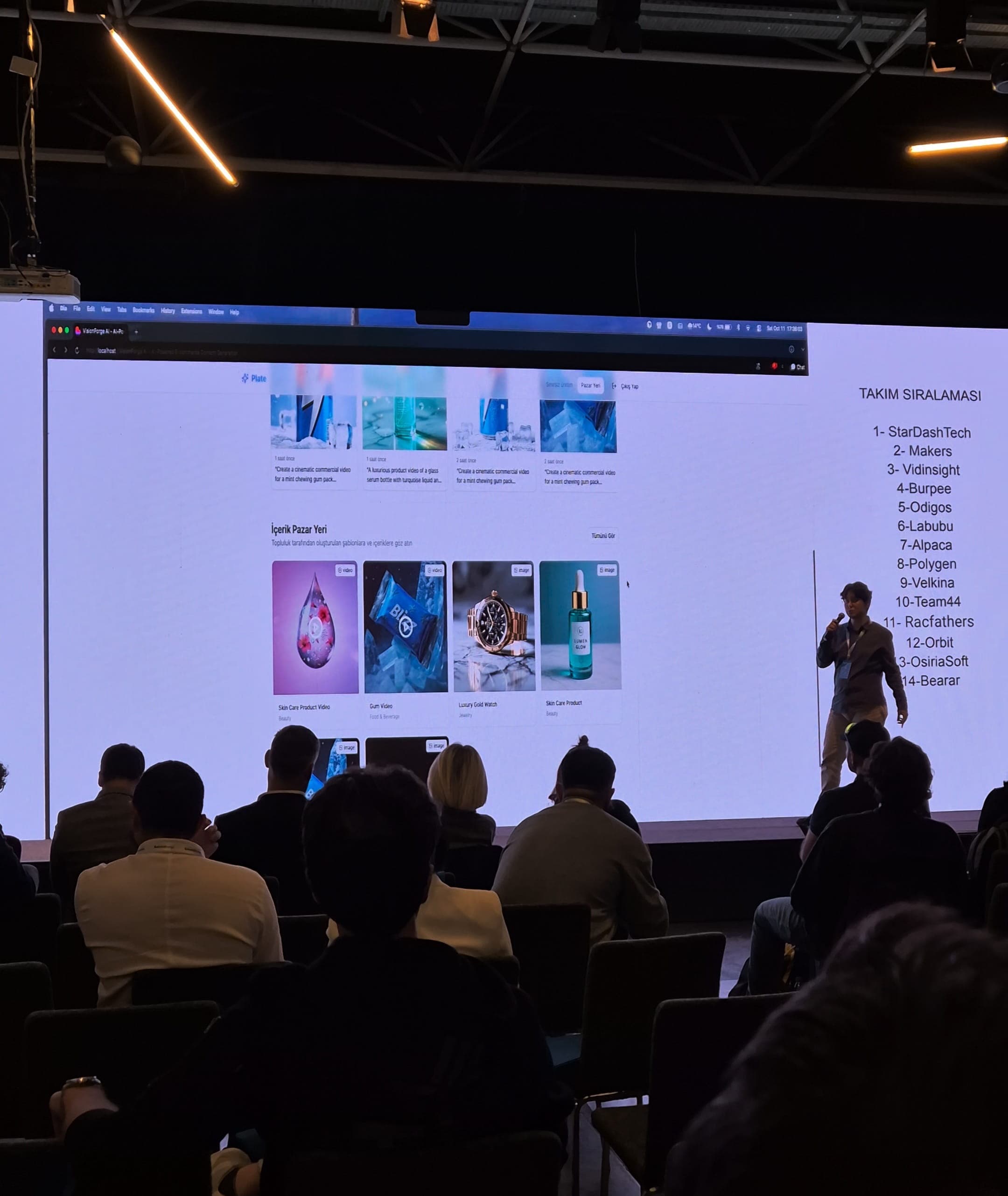 SaaS Hackathon presentation, content marketplace and team rankings on screen